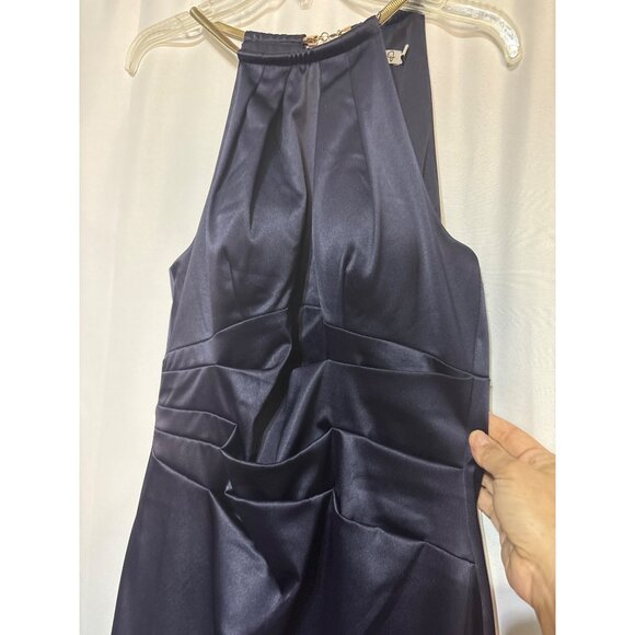 Eliza J Blue Satin Sleeveless Halter Dress With Gold Chain Detail & Back Zipper - Picture 3 of 7